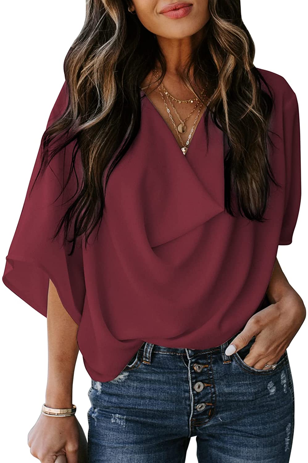 Dokotoo Womens Blouses and Tops Summer Short Sleeve V Neck Solid Color  Ladies Wrap Draped Front Business Casual Fashion Chiffon Shirts and Tops  Purple Small at  Women's Clothing store
