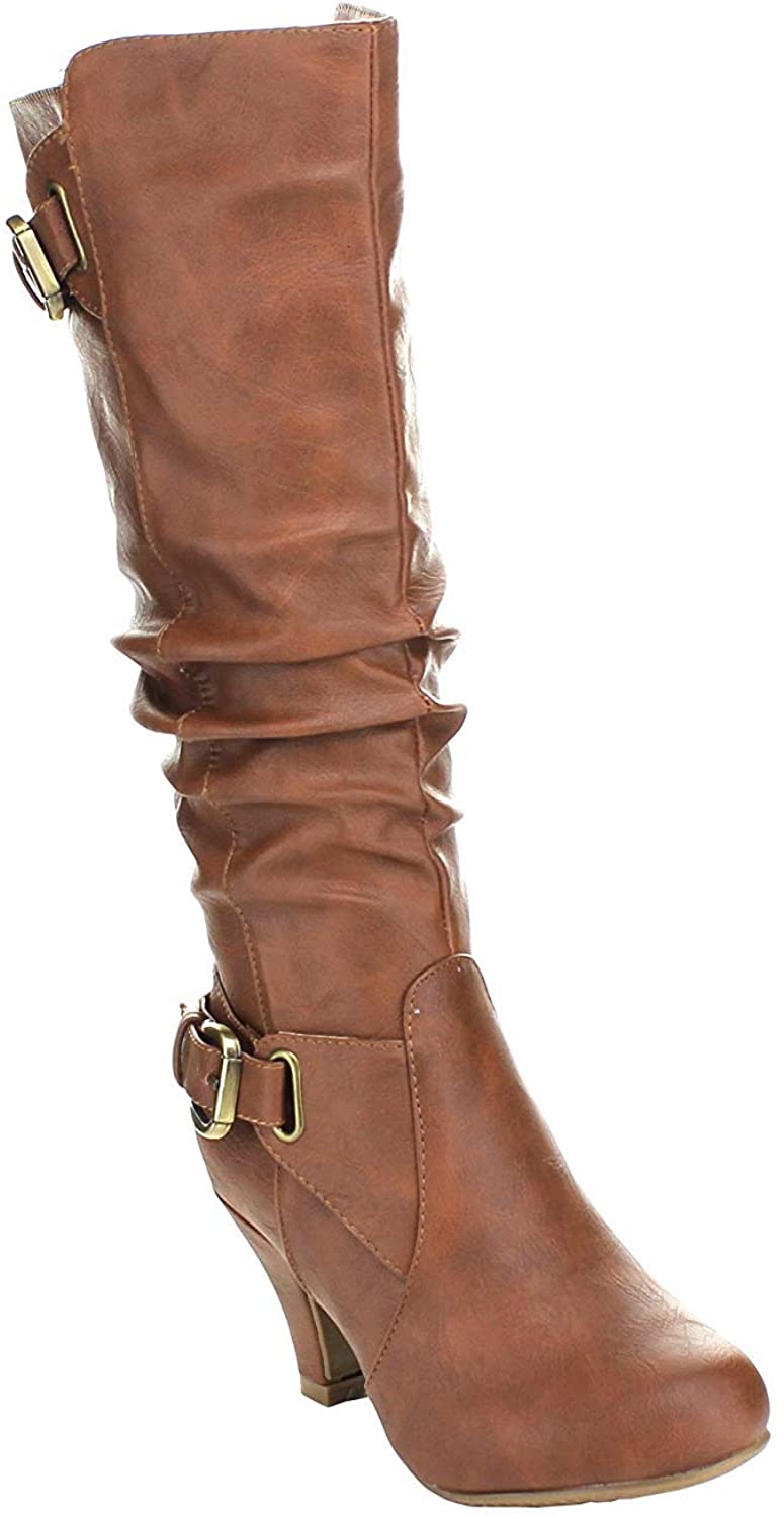 TOP Moda BAG-55 Womens Knee High Buckle Slouched Kitten Heel Boots 
