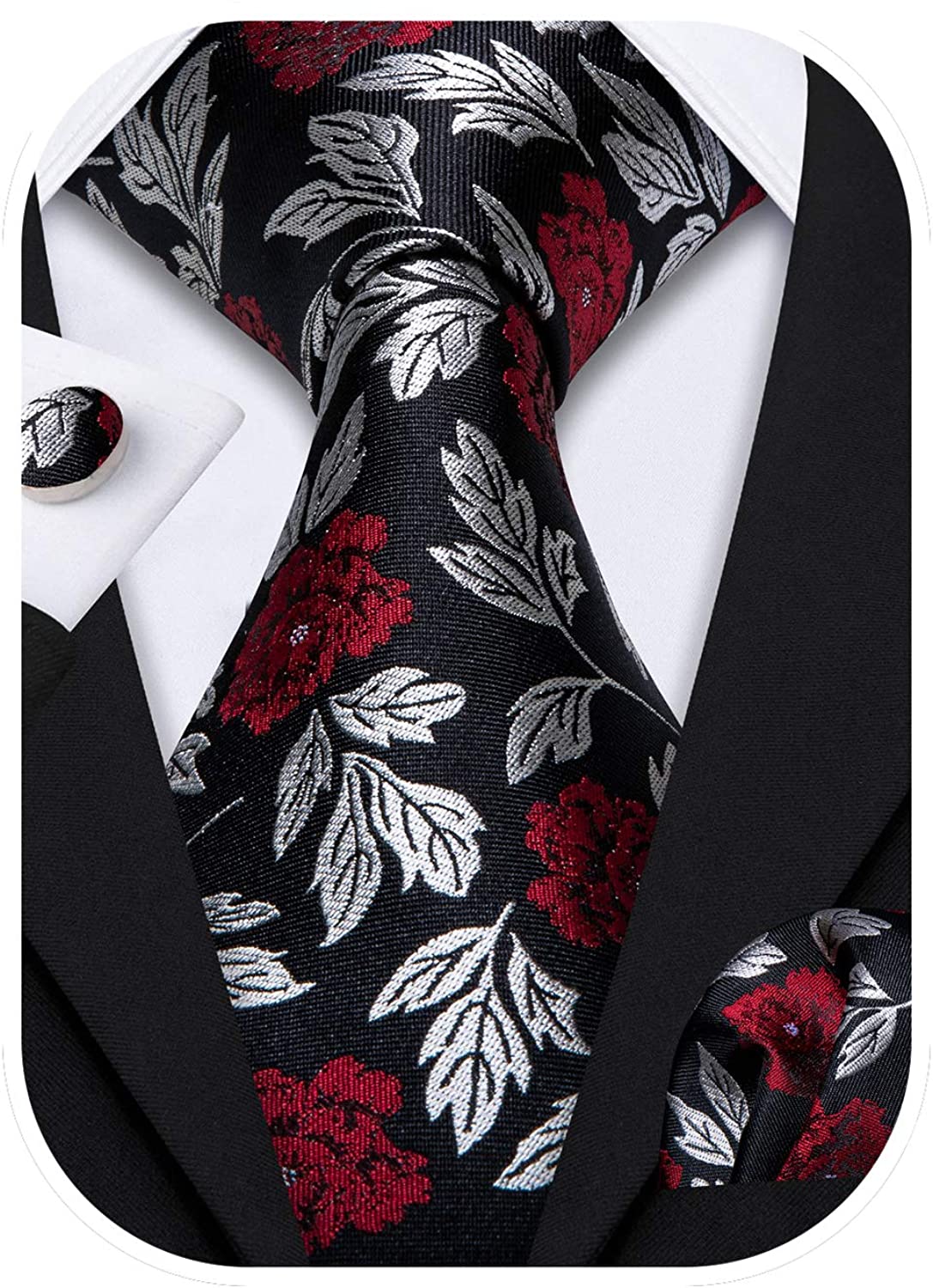 Barry.Wang Men Tie and Bowtie Set with Handkerchief Cufflink Pre-tied Cotton Flower Necktie Formal Wedding Cravat