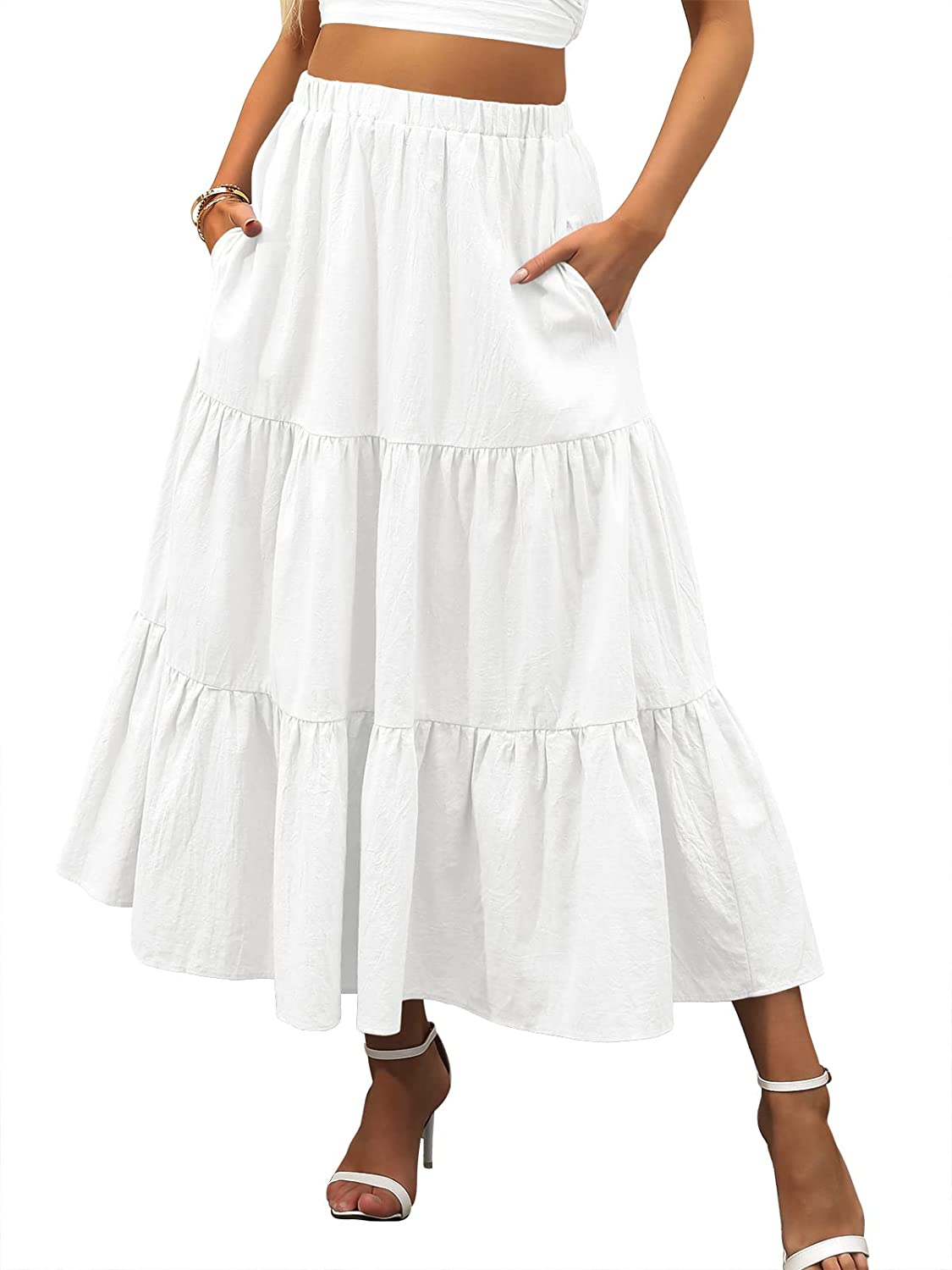 ANRABESS Women’s Summer Boho Elastic Waist Pleated A-Line Flowy Swing Tiered Long Beach Skirt Dress with Pockets 