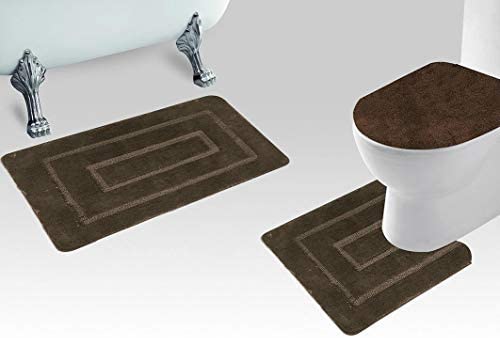 Square Mat and Toilet Lid Cover 3 Piece Microfiber Bathroom Rug Set Contour 