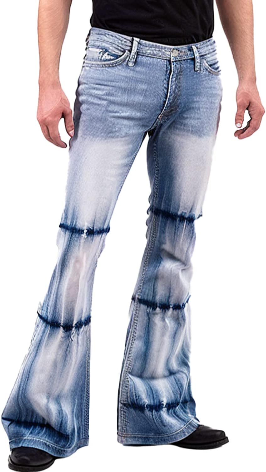 Men's 60s 70s Bell Bottom Wide-Leg Flared Jeans Classic Vintage Hippie  Style Pan