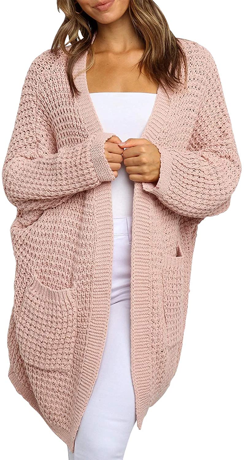 ZESICA Womens Long Batwing Sleeve Open Front Chunky Knit Cardigan Sweater with Pockets 