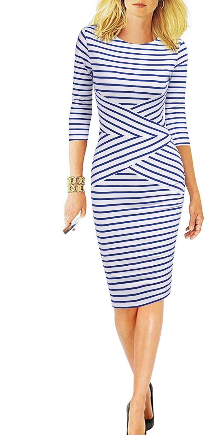 REPHYLLIS Women 3/4 Sleeve Striped Wear to Work Business Cocktail Pencil Dress