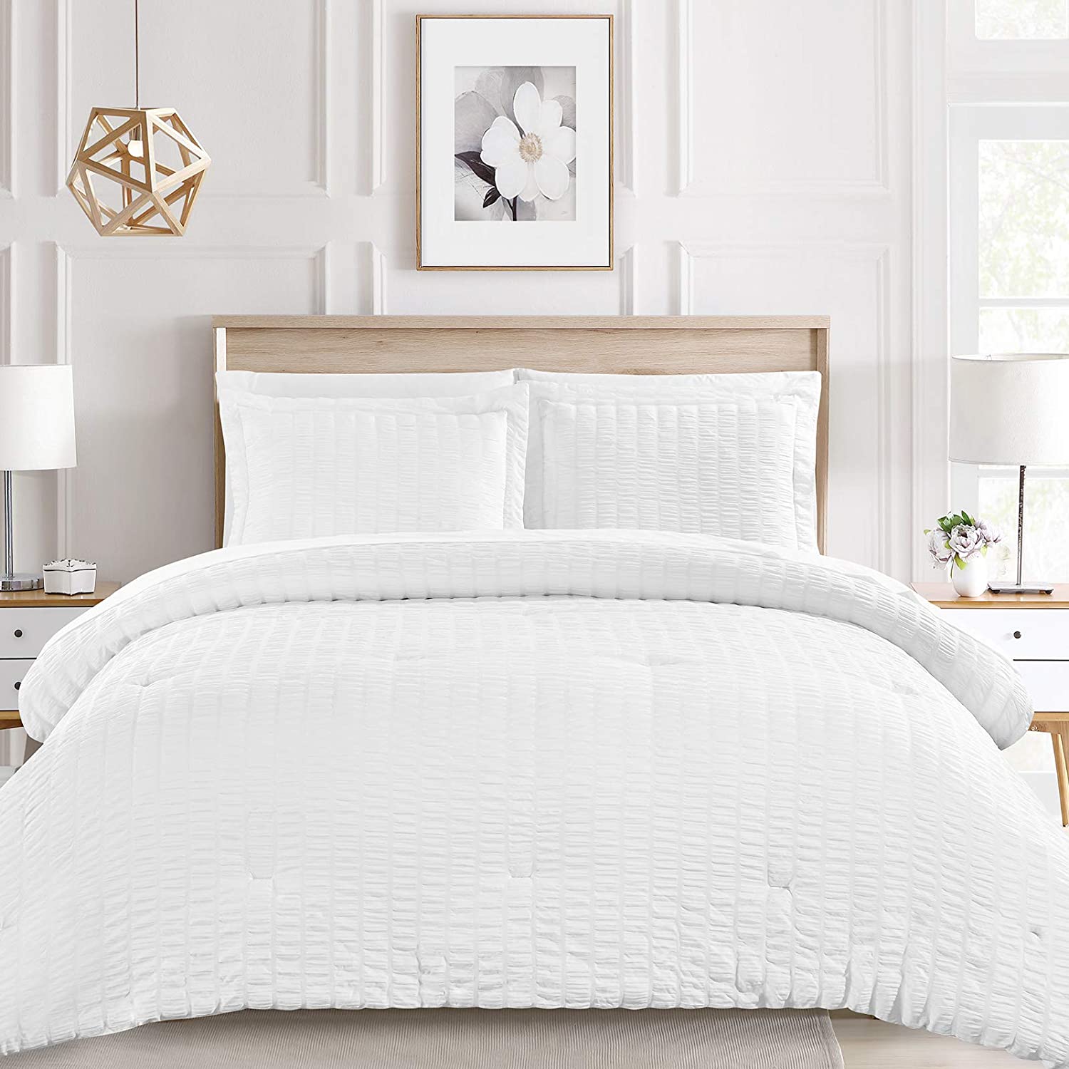 Details about   HIG 7 Pieces White Seersucker Luxury Style Comforter Set-Queen King size-22027 