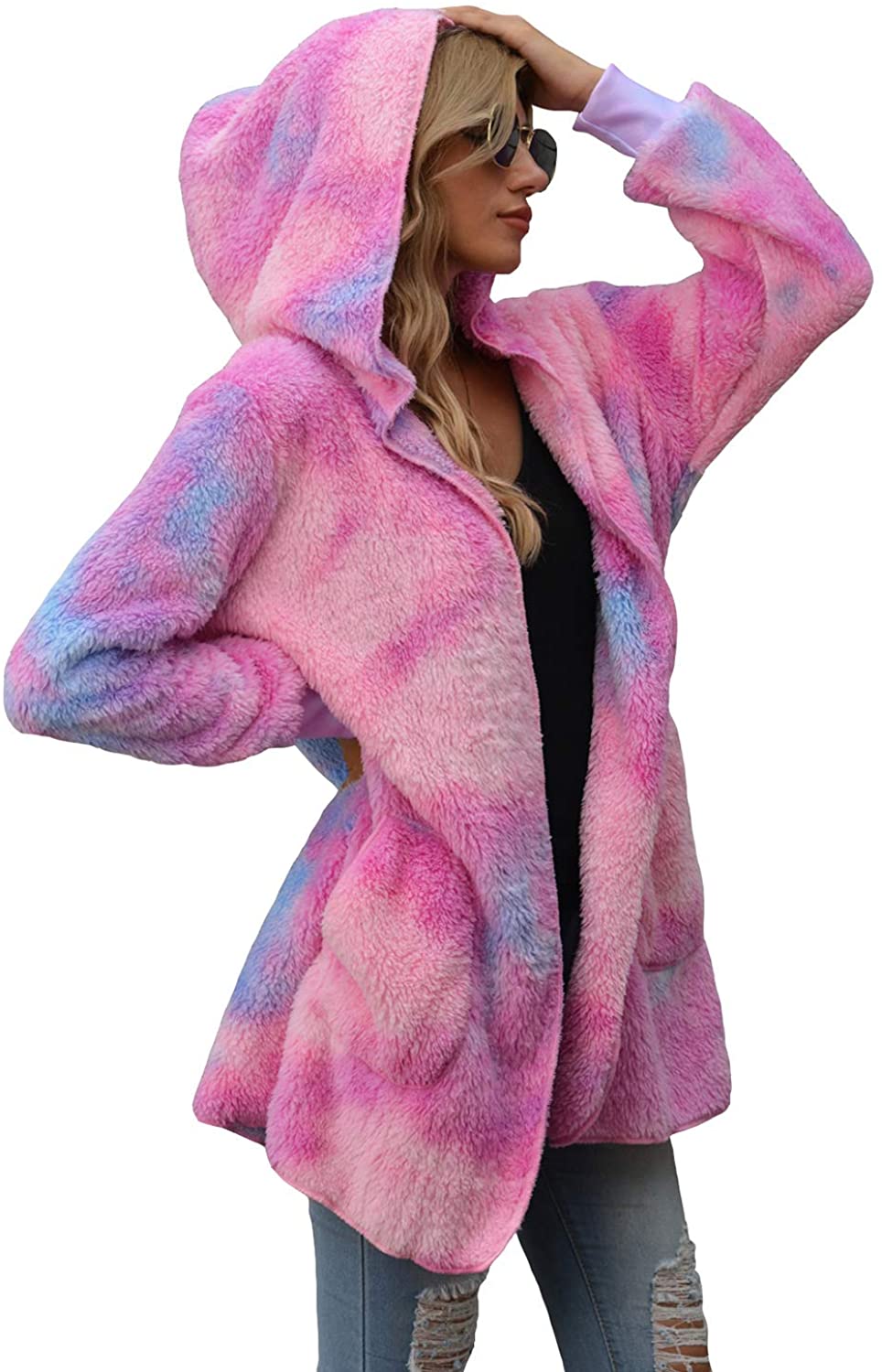 SENSERISE Womens Fuzzy Fleece Jacket Open Front Hooded Cardigan Coat Oversized Tie Dye Plaid Sherpa with Pockets 