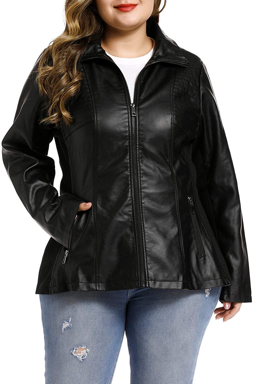 S P Y M Womens Casual Plus Size Faux Leather Fashion Quilted Moto Jacket 