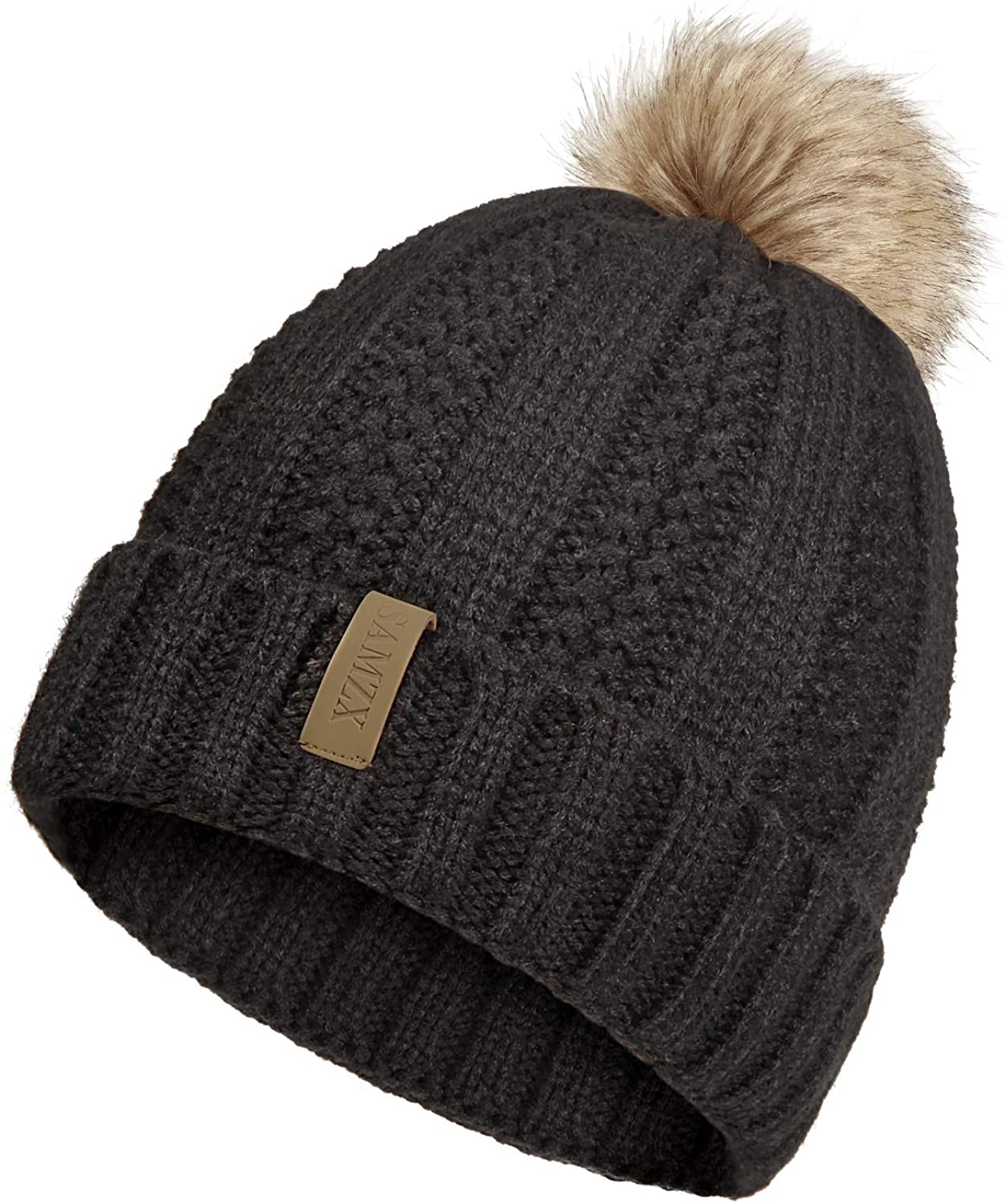 Womens Faux Fur Pompom Cable Knit Winter Beanie Hat 