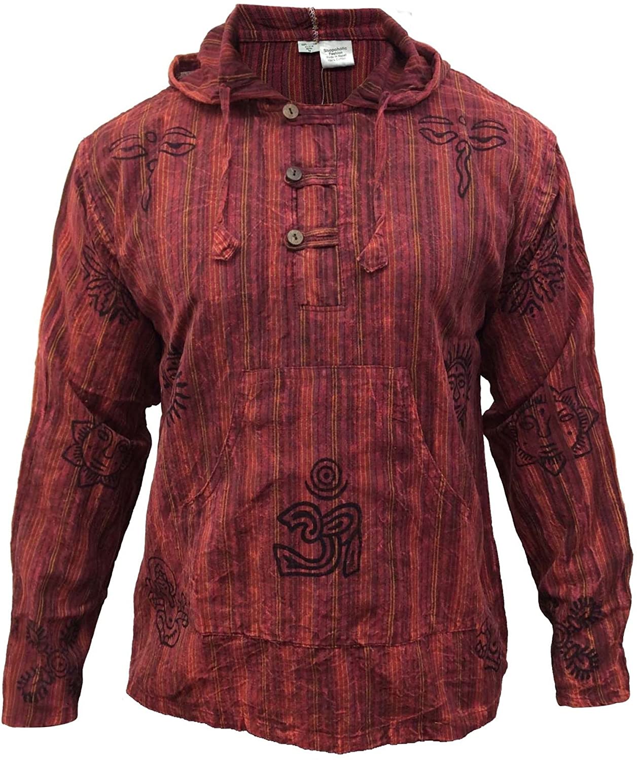SHOPOHOLIC FASHION Stonewashed Stripe Patchwork Hippy Hooded Grandad Shirt 