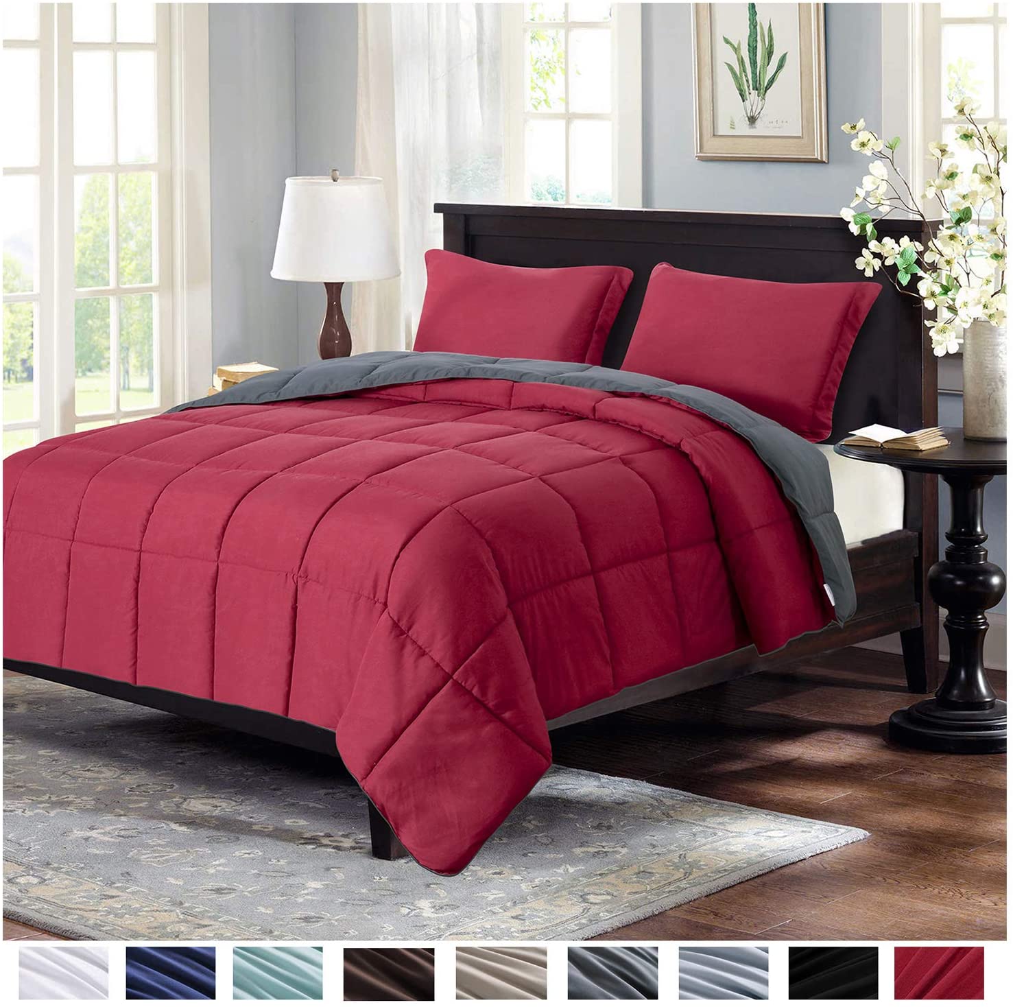 Lightweight Comforter  Set  Queen Burgundy Red  All Season 