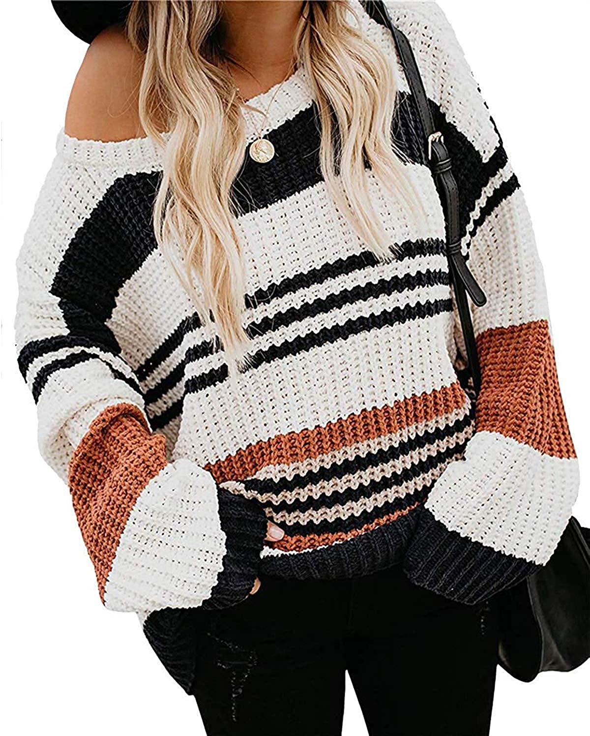 thumbnail 7  - ZESICA Women&#039;s Long Sleeve Crew Neck Striped Color Block Casual Loose Knitted Pu