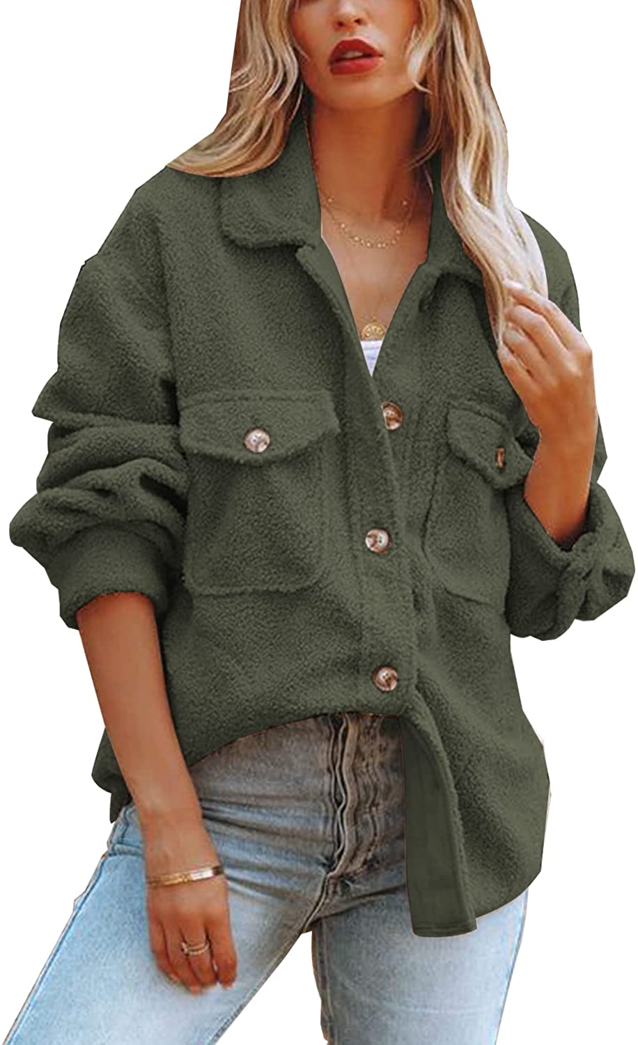 ReachMe Womens Casual Lapel Long Sleeve Sherpa Jackets Cropped Fuzzy Fleece  Jacket Coats Button Down Y2K Outwear With Pockets(2 Green,S) at  Women's  Coats Shop