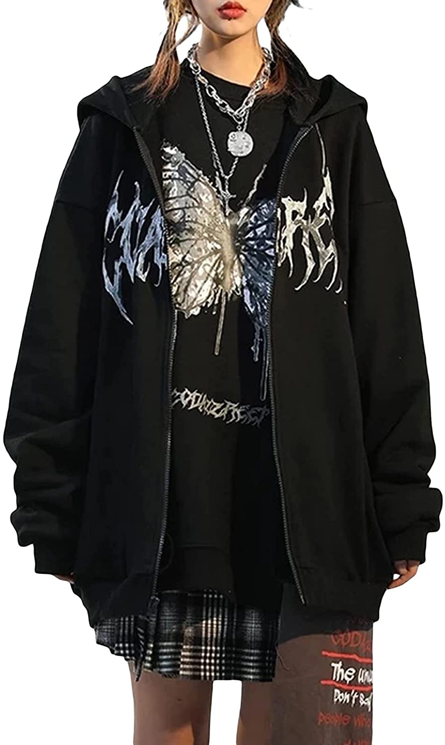 ADYD Femmes Sweat à Capuche Portrait Imprimé Y2K Sweatshirt à Manches Longues Oversized Zipper Cardigan Sweat Punk Goth Streetwear avec Poche 