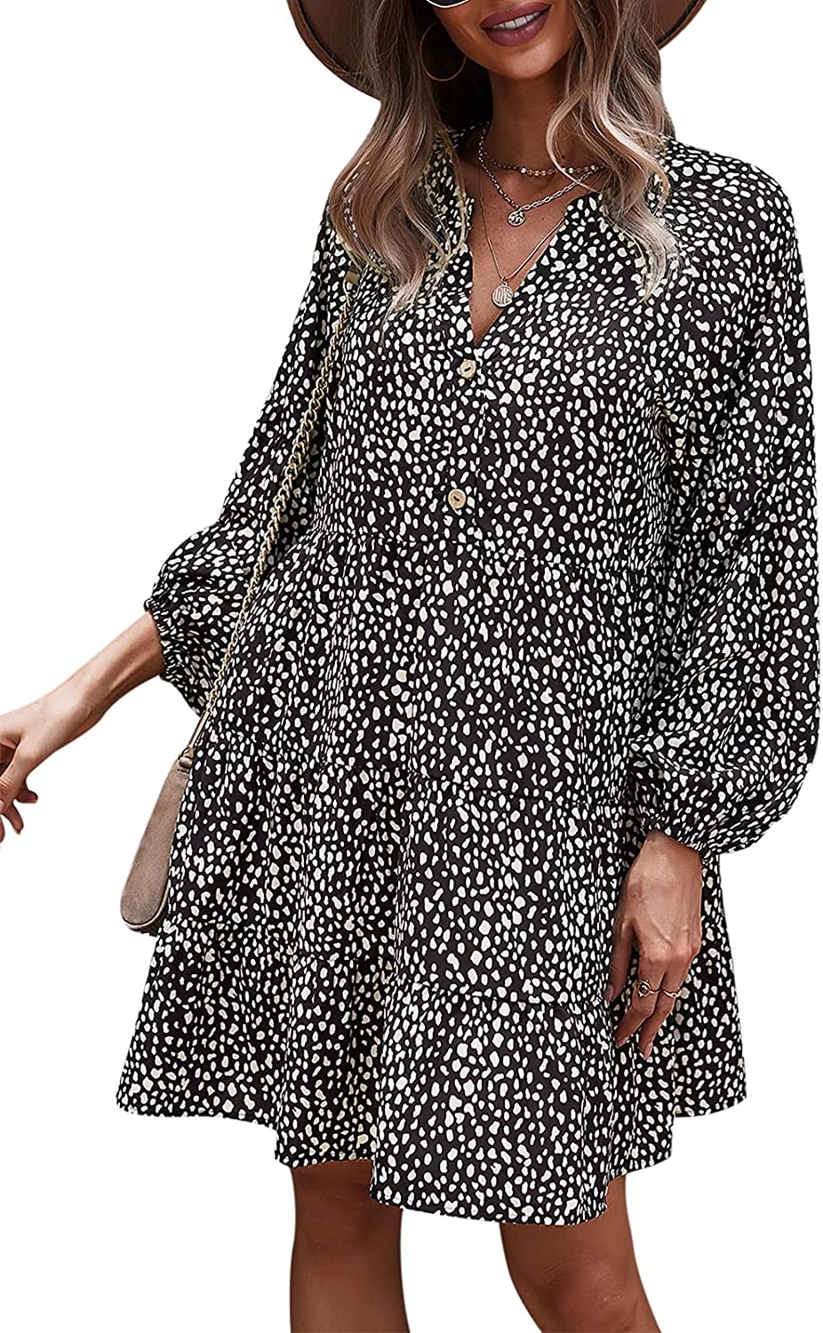 TEMOFON Women's Tunic Dress Leopard Floral Printed Long Sleeve Casual Loose V Neck Ruffle Swing Mini Dresses S-XL 