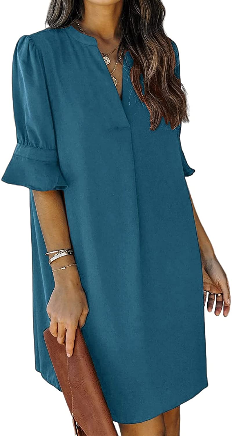 Womens Casual Dress Long Sleeve V-neck Short Plain Dress Summer