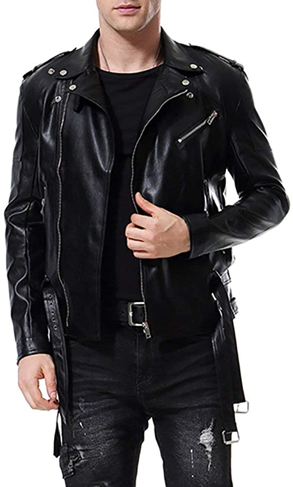 AOWOFS Men's Faux Leather Jacket Double Belt Punk Motorcycle Zip Slim Fit  Biker