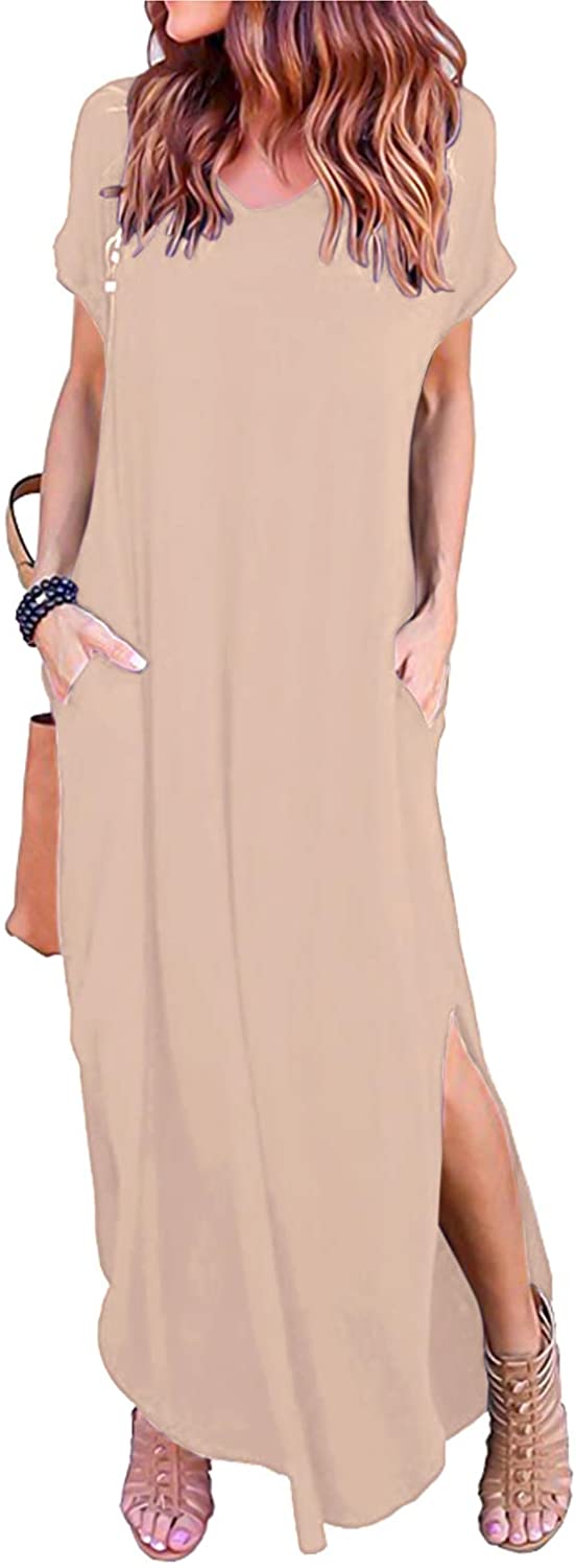 HUSKARY Women's Summer Maxi Dress Casual Loose Pockets Long Dress Short  Sleeve S | eBay