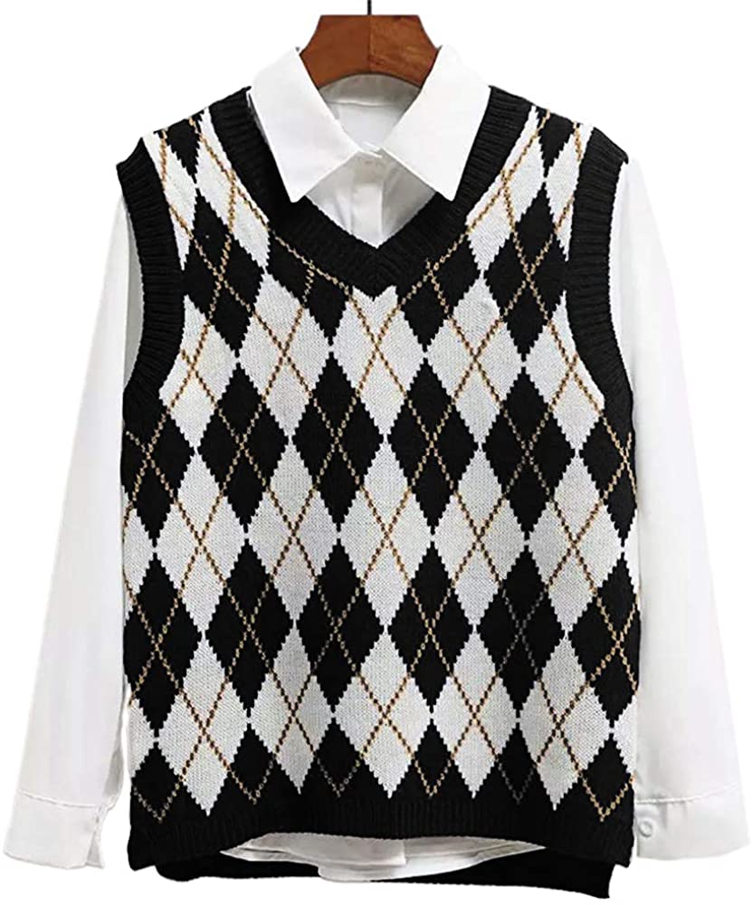 Suéter Mujer Cuello En V Argyle Plaid Knit Sweater Chaleco - Temu