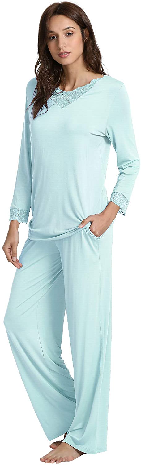 WiWi Womens Long Sleeve Sleepwear Laced V Neck Pjs Stretchy Pajama Set ...