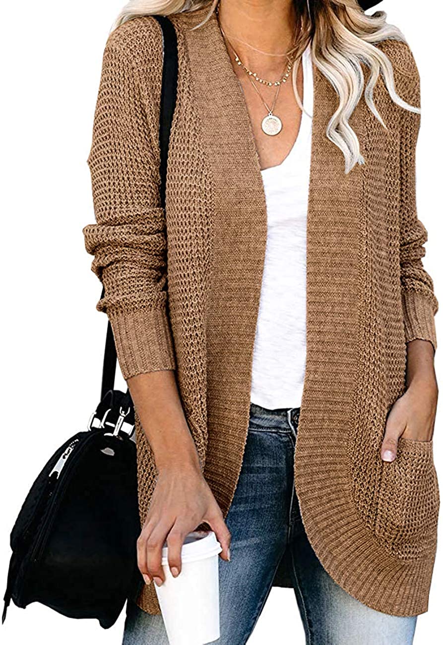 YIBOCK Womens Long Sleeve Open Front Waffle Chunky Knit Cardigan