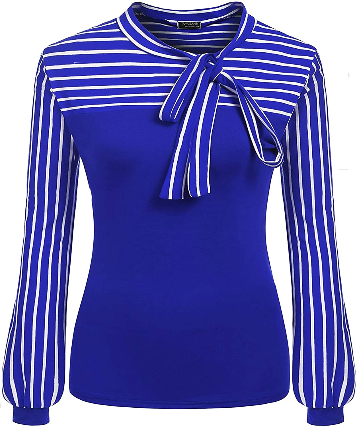 Women Girls Tie-Bow Neck Striped Long Sleeve Splicing Shirt Blouse Toamen Womens Fashion Shirt Top 
