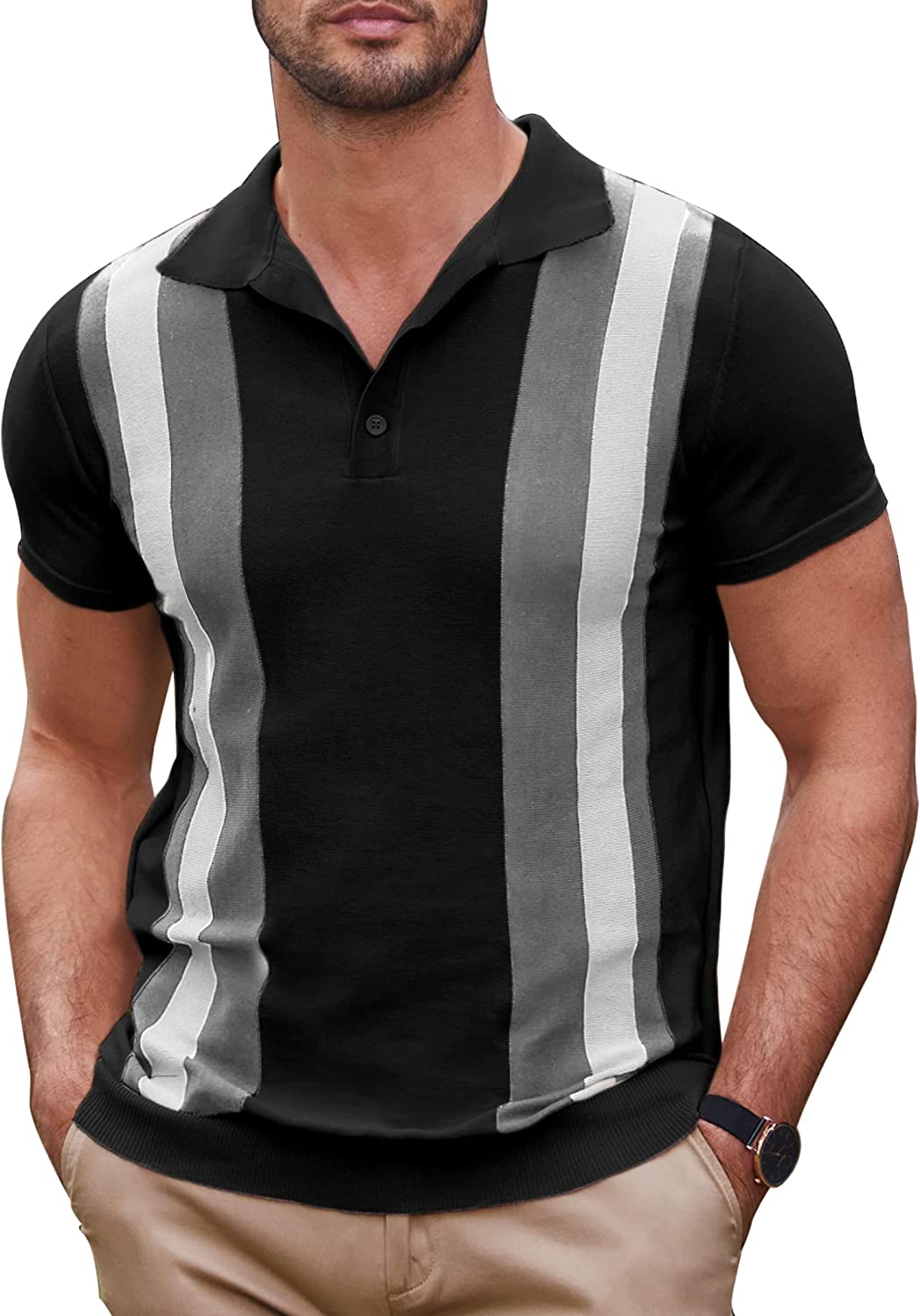 COOFANDY Men's Knit Polo Shirt Short Sleeve Vintage Striped Golf Shirt ...