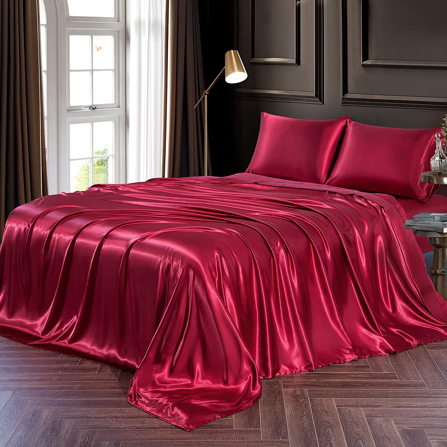 Wri Details about   Chvonttow 4 Piece Satin Sheets Queen Size Luxury Silky Satin Bed Sheets Set 