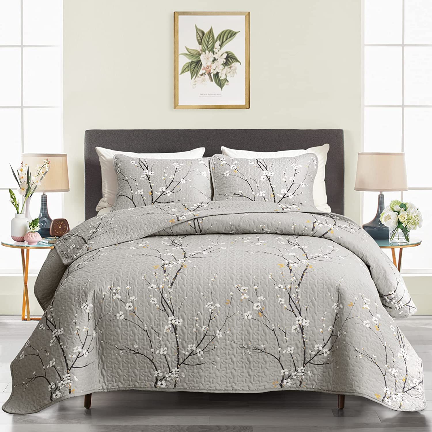 California King Reversible Quilt Set Oversized 102x114 Gray Branch Floral  Soft M