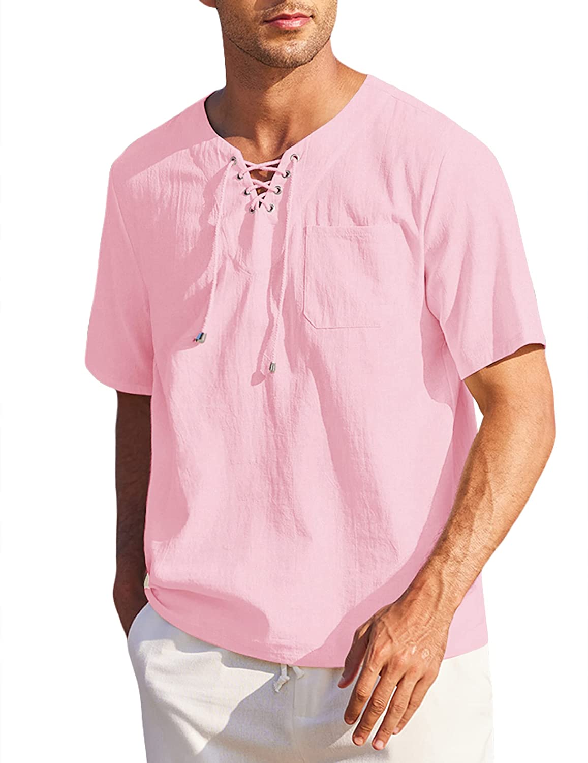 COOFANDY Men Casual Cotton Linen T Shirt Short Sleeve Beach Lace Up Hippie  Shirt