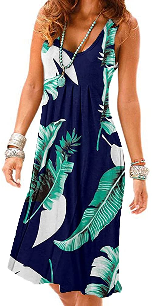Camisunny Women Casual Loose Tank Dresses Sleeveless Beach Vacation Dress Swing Pleated U Neck Fashion Soft 