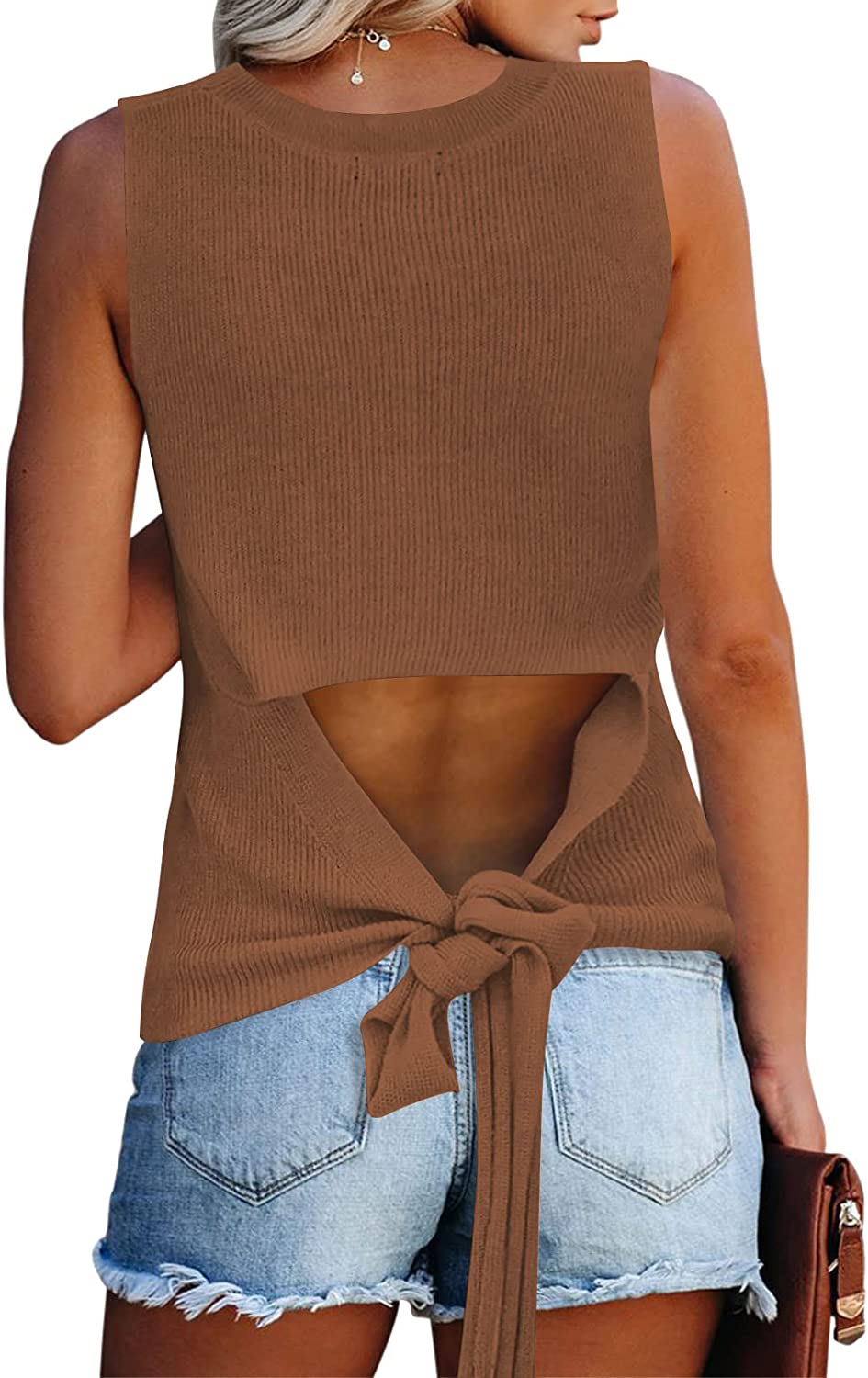 Cutiefox Women's Summer Tie Back Knitted Tank Tops Loose Halter Neck  Sleeveless Tunic Tops Shirts