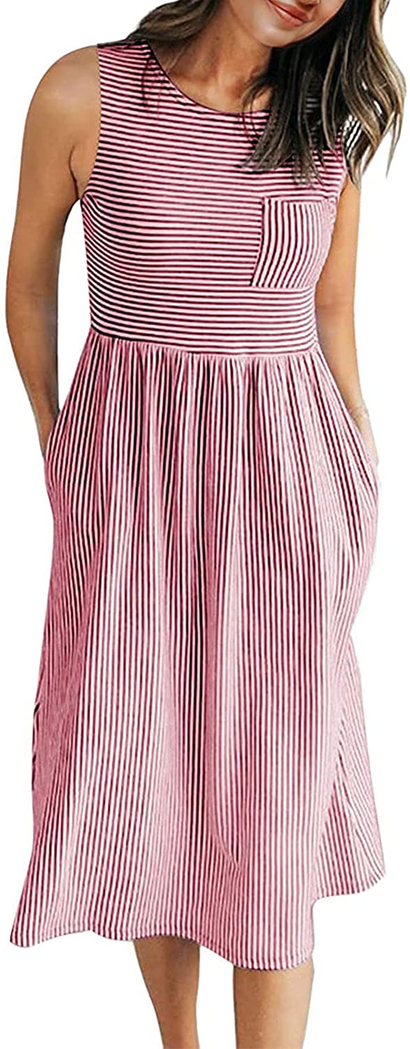 Naggoo Womens 3/4 Sleeve Striped Dress Elastic Waist Tunic T-Shirt Dress Pocket 