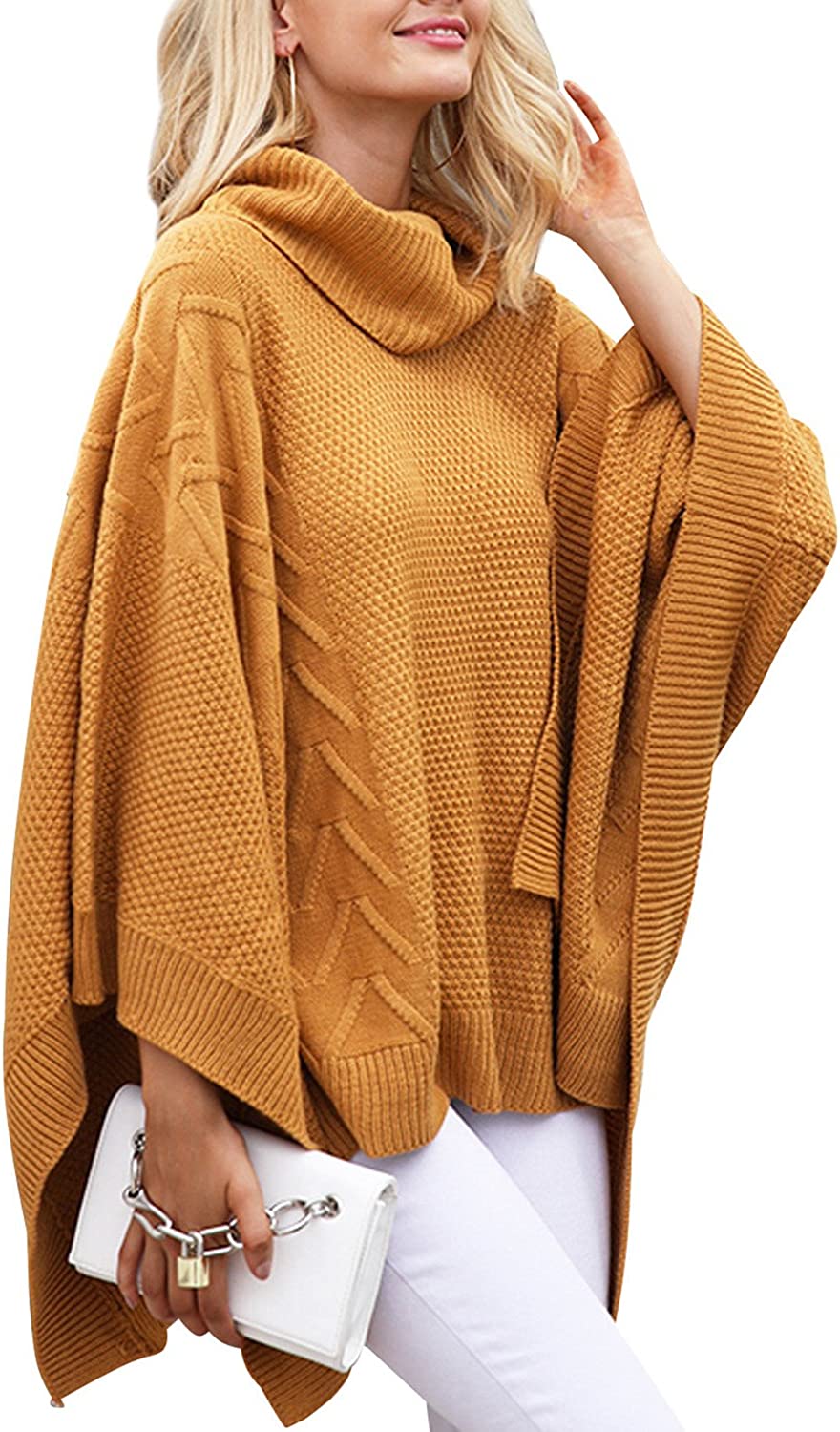 Turtleneck Batwing Sleeve Cable Knit Poncho