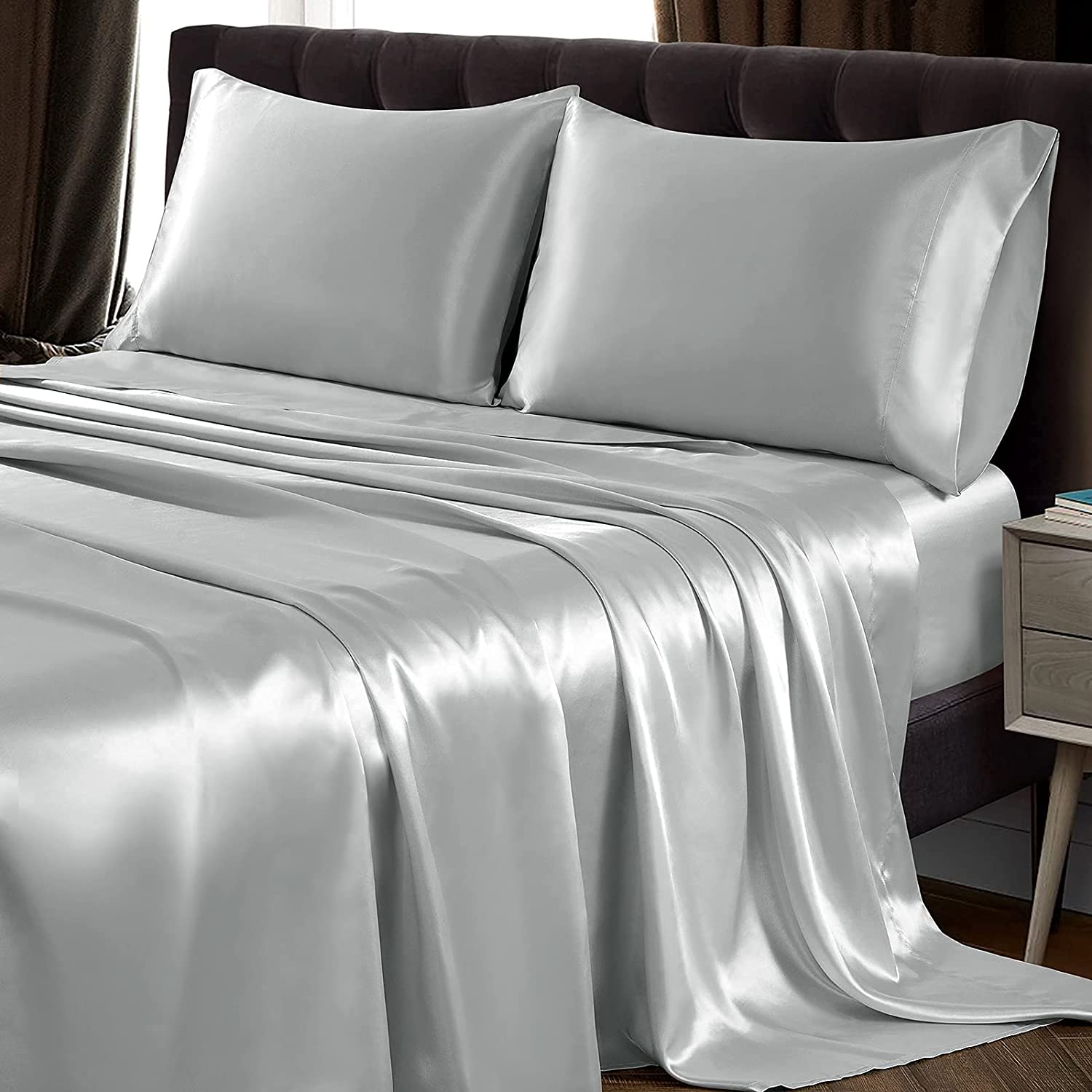  SiinvdaBZX 4Pcs Satin Sheet Set Queen Size Ultra Silky