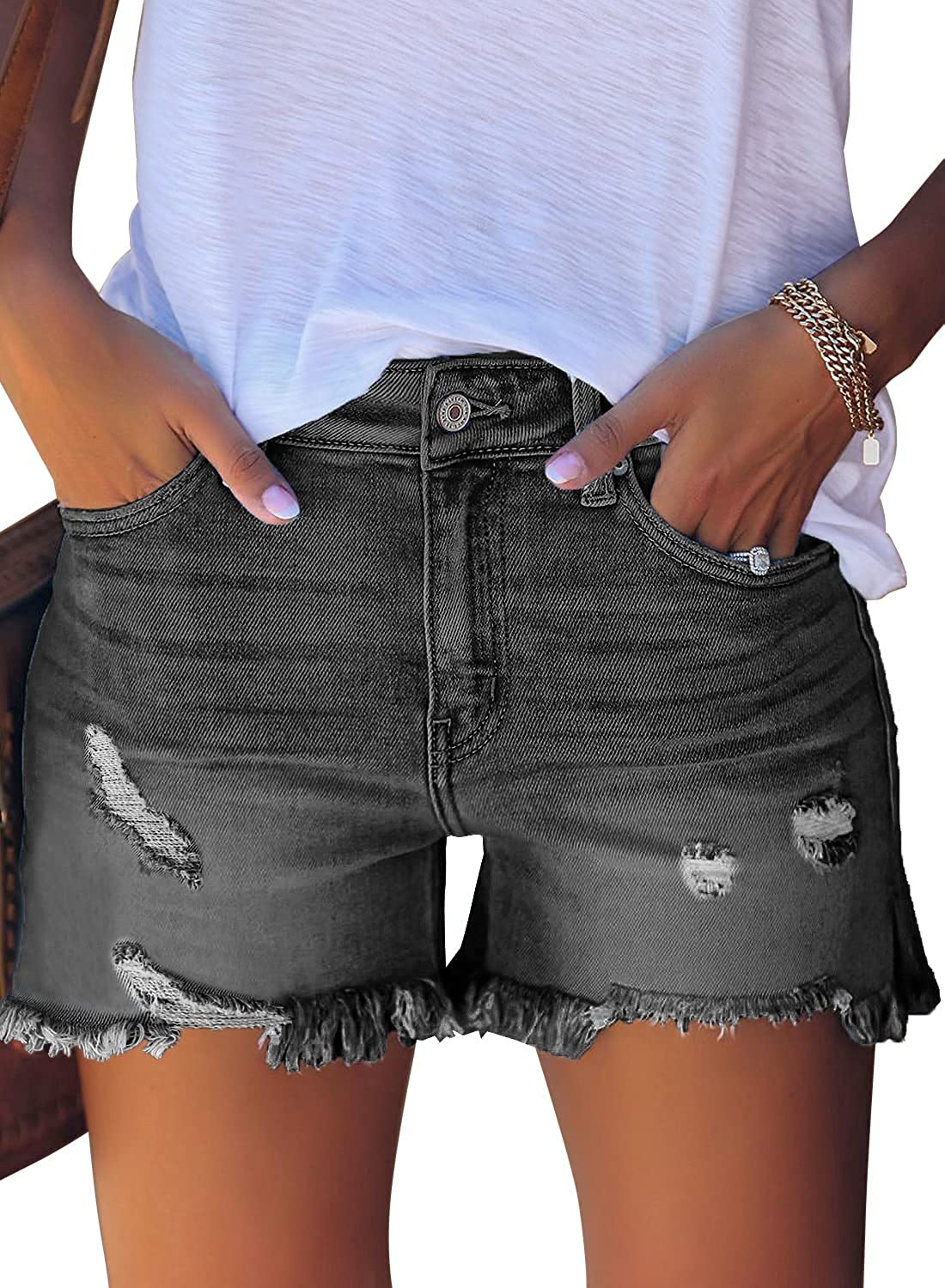 luvamia Women's Mid Rise Ripped Denim Shorts Frayed Raw Hem Casual Jeans  Shorts | eBay