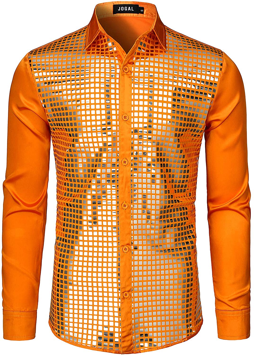 JOGAL Mens Dress Shirt Silver Sequins Short Sleeve Button Down 70s Disco Shirt Party Costume 