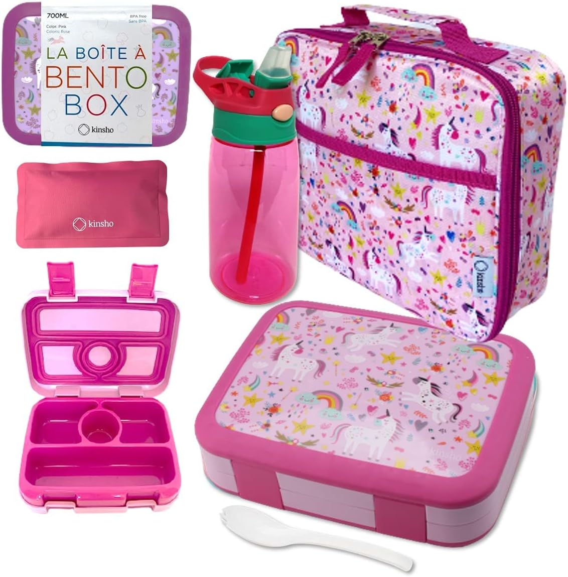 Bento Lunch Box Insulated Bag Water Bottle Ice Pack Set For Kids