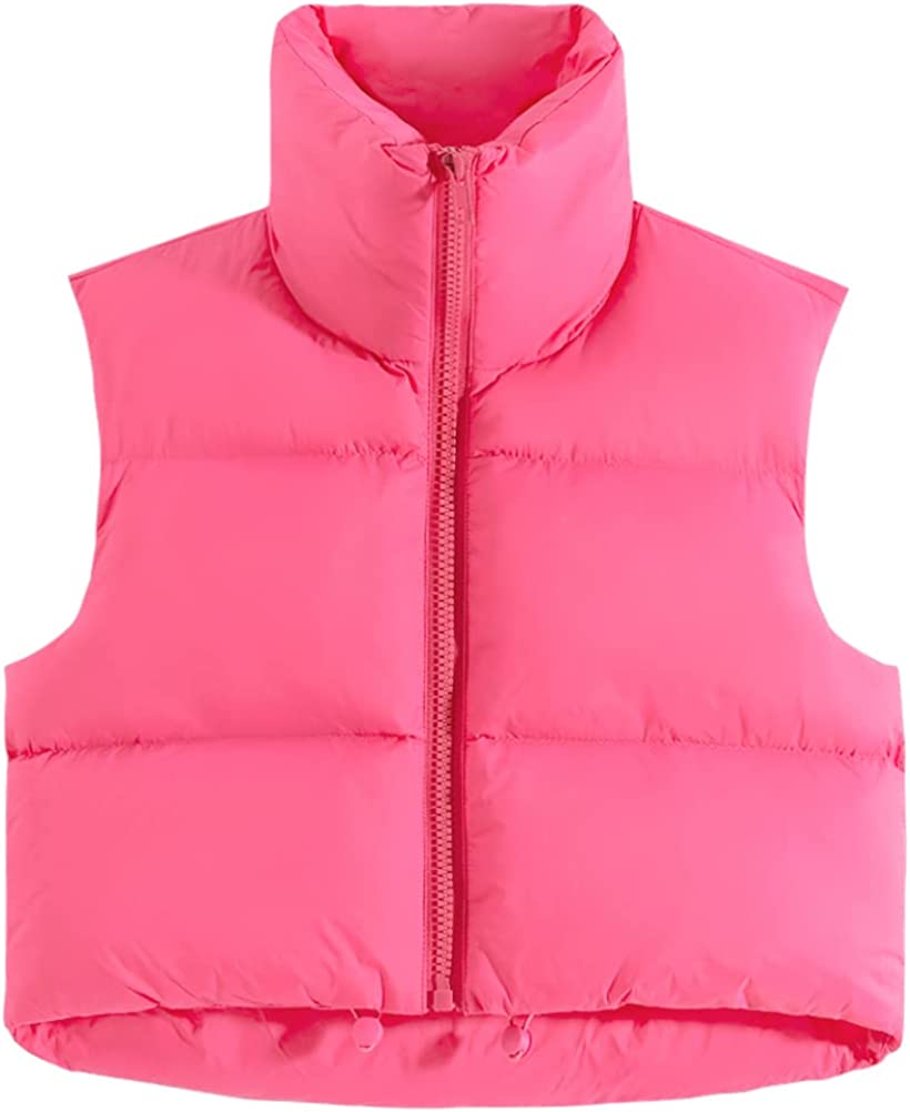 Fuinloth Women's Padded Vest, High Stand Collar Lightweight Zip Crop Puffer  Gile