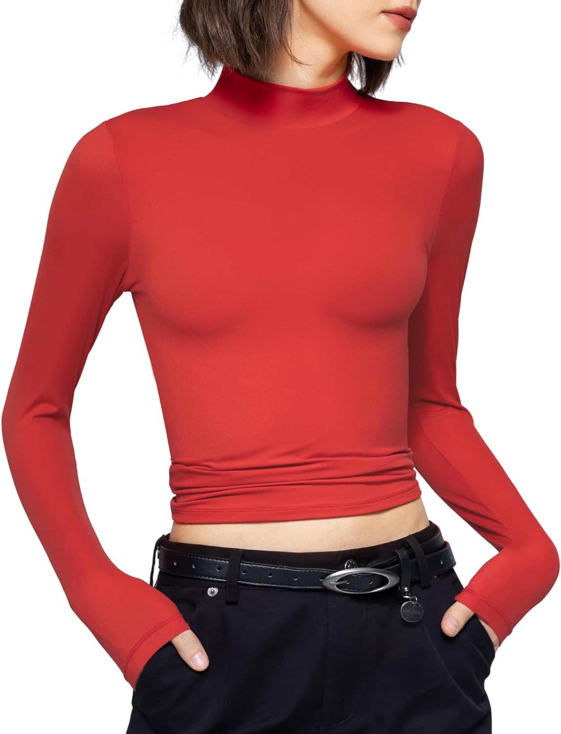 PUMIEY Women's Long Sleeve T Shirts Mock Turtleneck Slim Fit Tops Sexy  Basic Tee