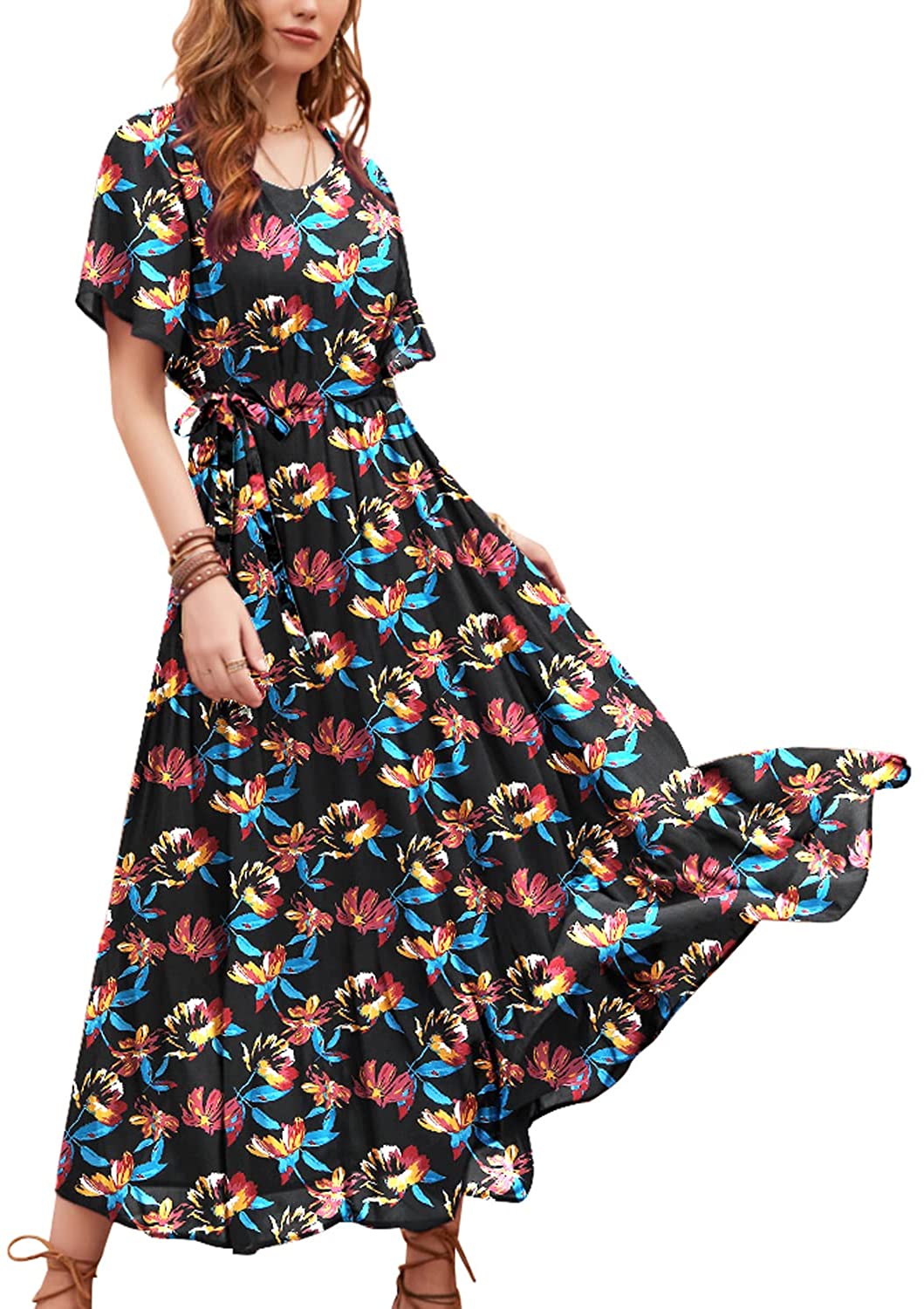 YESNO Women 2022 Summer Casual Dresses for Beach Short Sleeve Floral Boho Maxi Dresses with Belt E68 