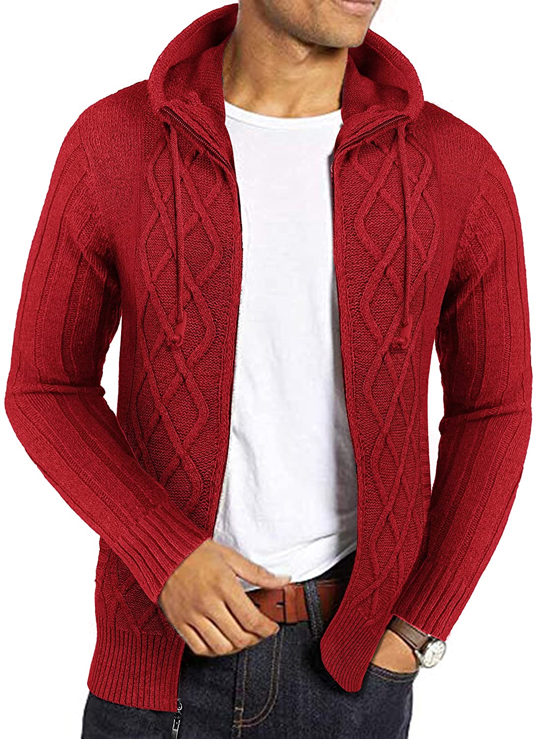 COOFANDY Men's Full Zip Cardigan Sweater Slim Fit Cable Knitted Zip Up Jumper with Pockets