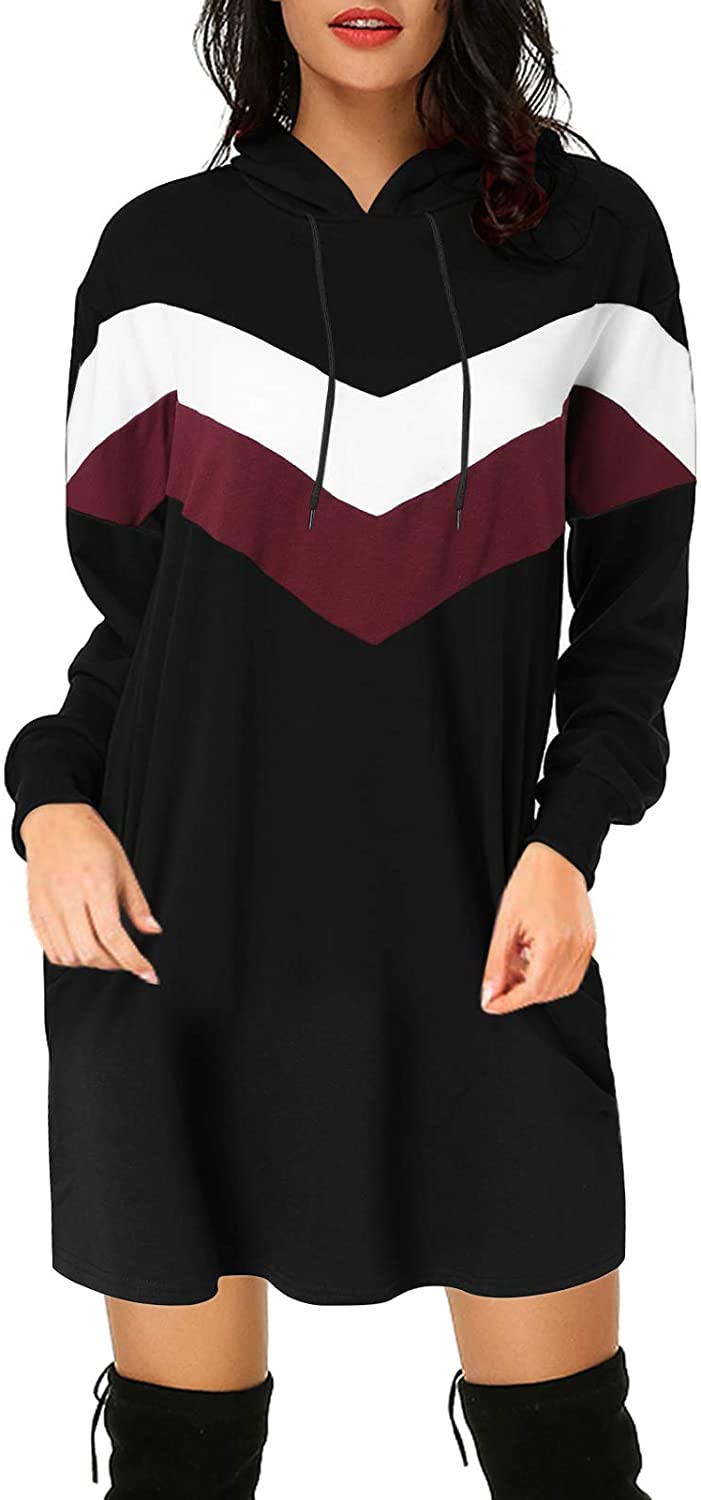Womens Ladies Contrast Stripes Hooded Oversized Baggy Hooded Sweatshirt Dresses