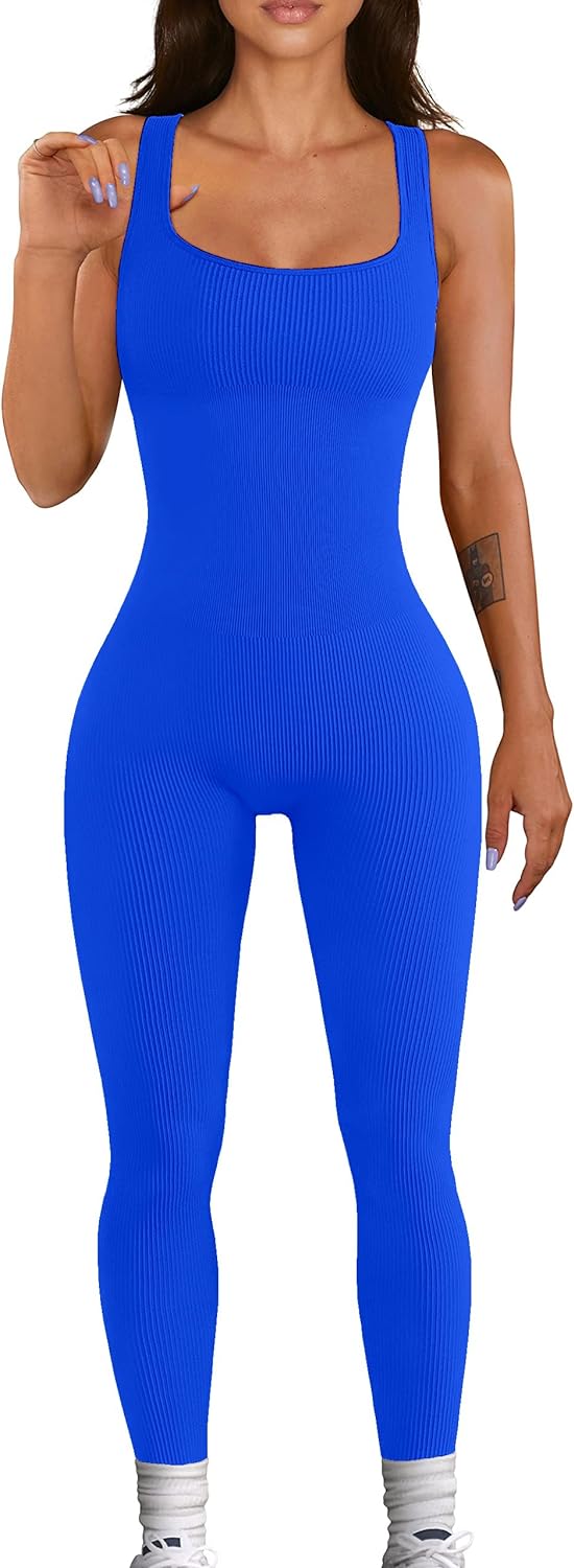 YIOIOIO Women Workout Seamless Jumpsuit Yoga Ribbed Bodycon One