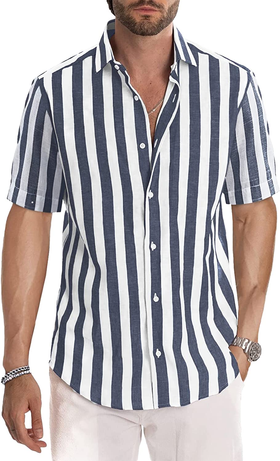 JMIERR Men's Casual Stylish Short Sleeve Button-Up Striped Dress Shirts Cotton Shirt