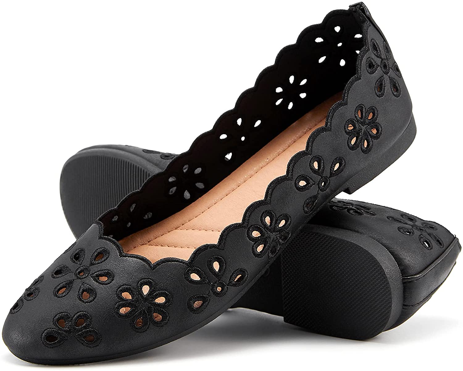 Women's Ballet Flats Black PU Leather Dress Shoes Comfortable Round Toe  Slip on Flats with Floral Eyelets : : Clothing, Shoes & Accessories
