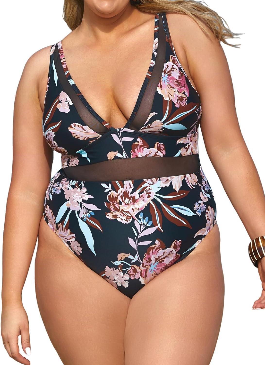 Cupshe Women Plus Size One Piece Swimsuit V Neck Mesh Sheer Tummy