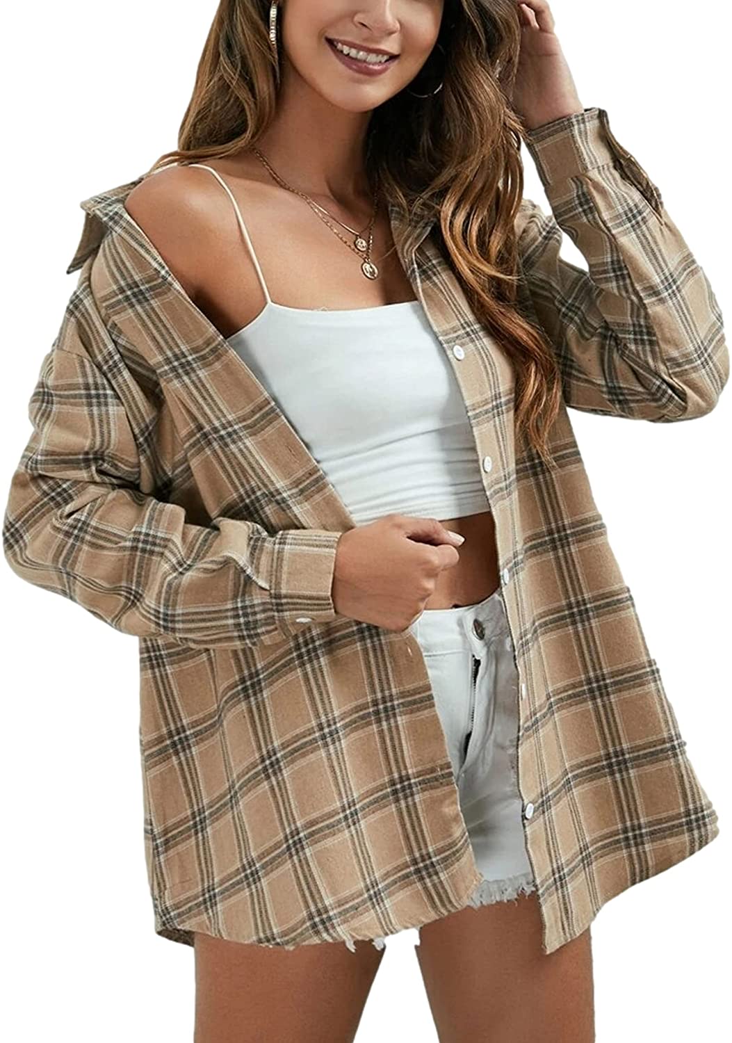 HangNiFang Green Flannel Plaid Shirts for Women Oversized Long