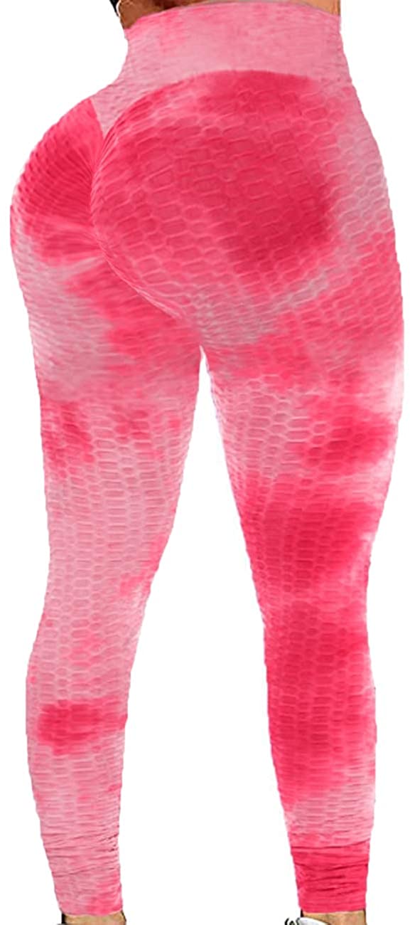 High Waist Tie Dye Butt Lifting Textured Workout Leggings (Pink/Violet)