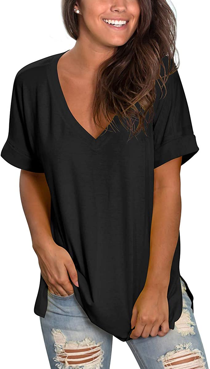 SAMPEEL Women's V Neck T Shirt Rolled Sleeve Side Split Tunic Tops