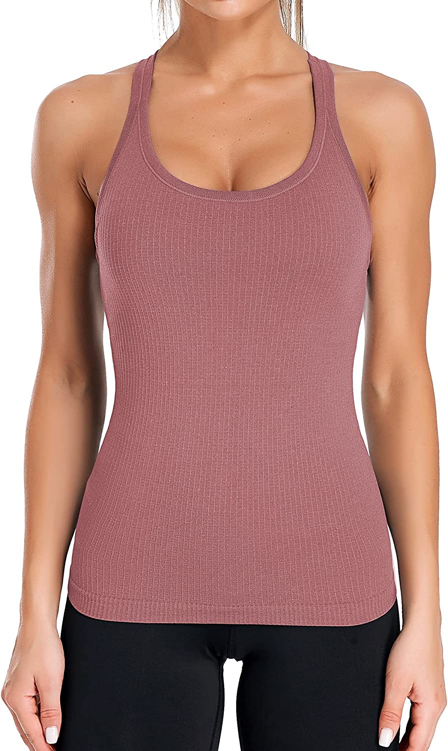 ATTRACO Ribbed Workout Tank Tops for Women with Built in Bra Tight  Racerback Sco